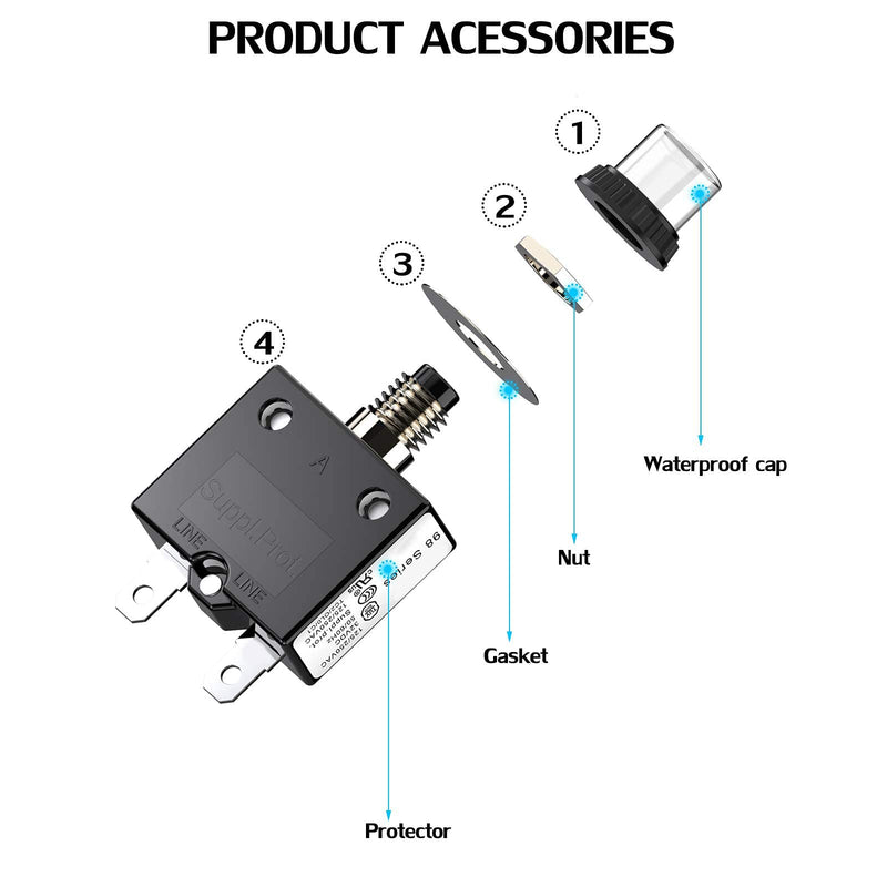 [Australia - AusPower] - Thermal Circuit Breaker,98 Series 40A 125/250VAC Circuit Breaker Push-Button Reset with Quick Connect Terminals and Waterproof Button Cover 32VDC Thermal Overload Circuit Breaker - 40 Amp, 2Pcs 40A-L 