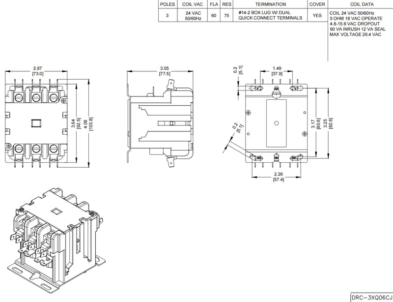 [Australia - AusPower] - 60 Amp 3 pole Contactor 24v coil SunLee Definite Purpose Contactor A2L Compliant UL Recognized & Approved for UL 60335 HVAC Contactor 42EF35AJ equivalent NEMA 3P 60A 24VAC 