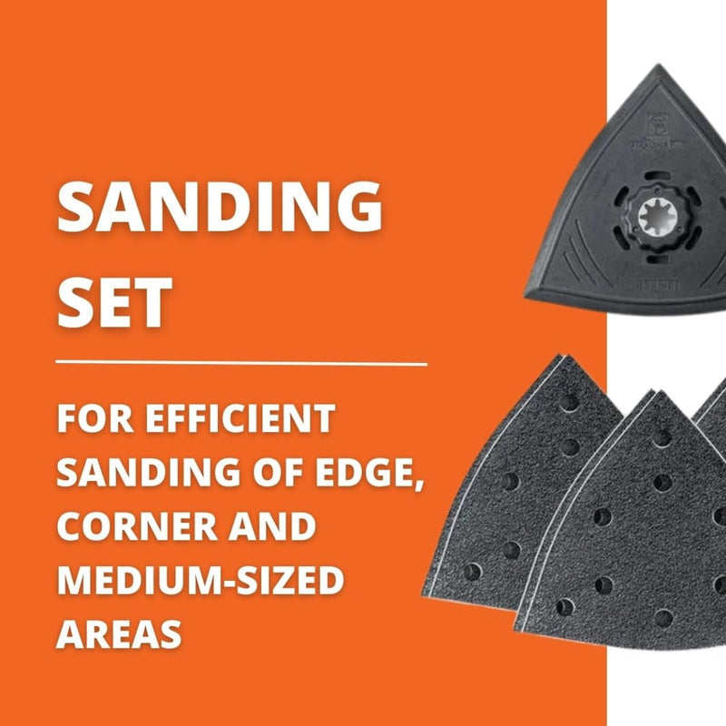 Fein Starlock Plus Triangular Sanding Set - Multi-Material Use, Perforated Backing Pad & Sanding Sheets, 60, 80 and 180 Grit, 5-1/8" Edge Length - 63806204210