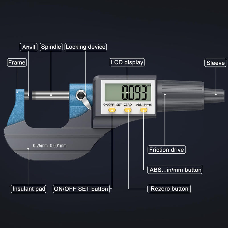 [Australia - AusPower] - HDLNAK Digital Micrometer, Outside Micrometer Precision Measuring Tool, 0-1"/0-25 mm, Inch/Metric 0.00005"/0.001 mm, Machinist Thickness Gauge Tool, Large LCD Display 