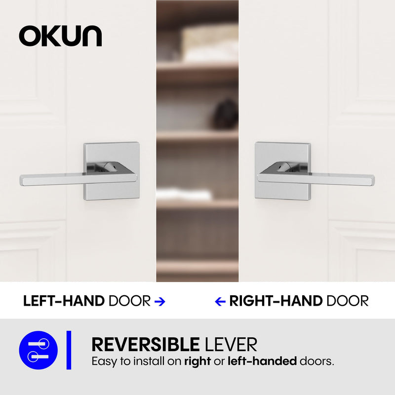 Okun Quadra Dummy Door Handle, Chrome Non-Turning Door Lever 1-Pack – Decorative Reversible Interior Handle for Closet, Pantry, Hallway & French Doors, Sleek Modern Design