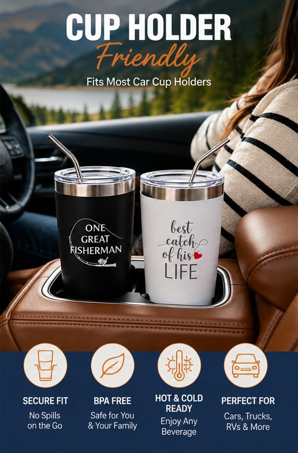 Fishing Couple Tumblers Set 2 Pack 20oz Stainless Steel Travel Mugs - One Great Fisherman Best Catch Anniversary Birthday Gifts 20.0 fluid_ounces Fishing