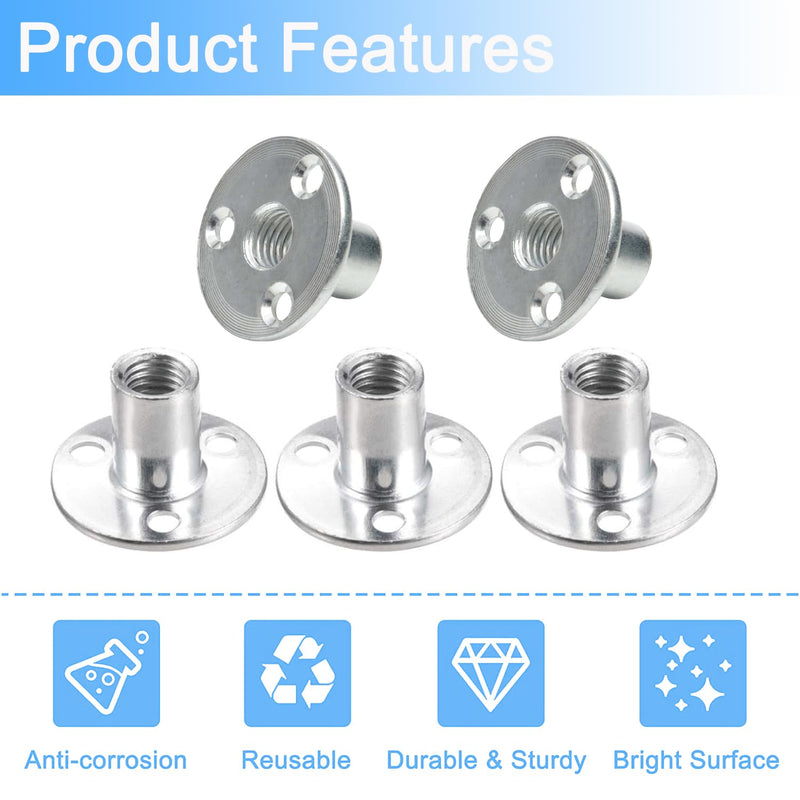 [Australia - AusPower] - 5Pcs M12 Brad Hole Tee Nut Zinc Plated Carbon Steel 3-Hole Round Base Screw-in T-Nuts Furniture Hardware Flange Insert Female Thread for Wood Furniture 