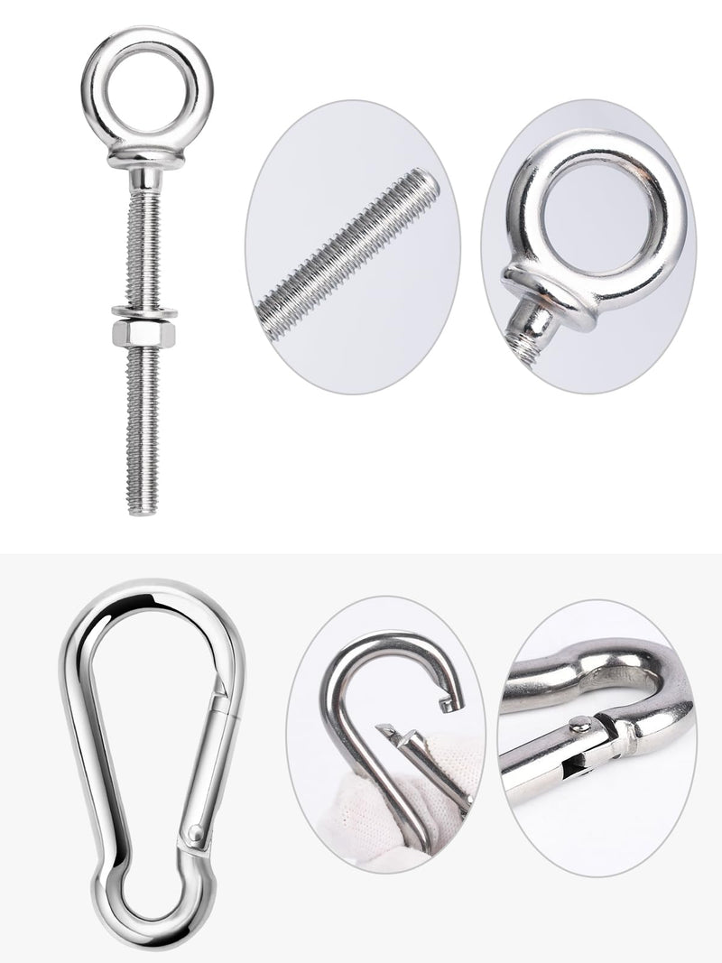 [Australia - AusPower] - 5 Pack M6 Eye Bolt, Eye Bolts with Nuts & Washers & Carabiners, 316 Stainless Steel Eye Bolt Heavy Duty, Marine Grade Threaded Eyebolts. 