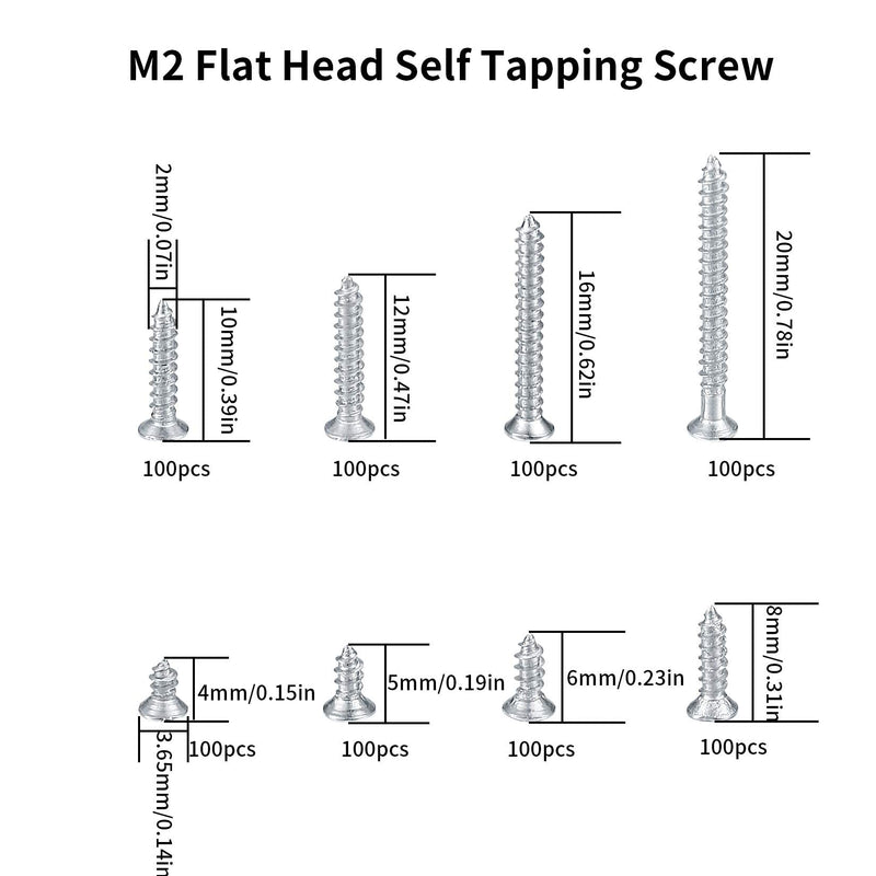 [Australia - AusPower] - 800 Pcs M2 Flat Head Self Tapping Screws, Small Cross Drive Head Self Tapping Woodworking Fastener Screws, Carbon Steel Self Drilling Screws Assortment Kit, 4/5/6/8/10/12/16/20mm 