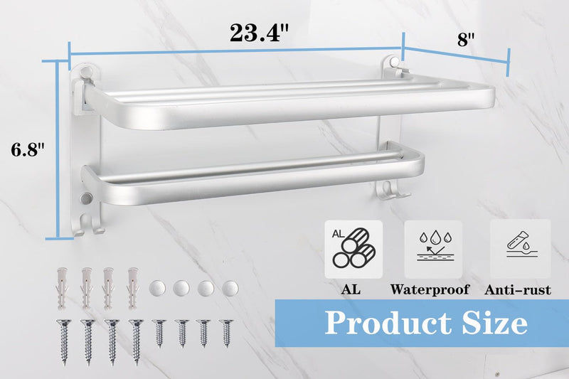 Towel Rack for Bathroom, Bath Towel Holder with Double Towel Bar and Fold-able Towel Shelf, Rustproof Towel Organizer Wall Mounted Towel Storage Hanger for Bath/Balcony/Lavatory(24In Sliver) 24 IN+3 Hook