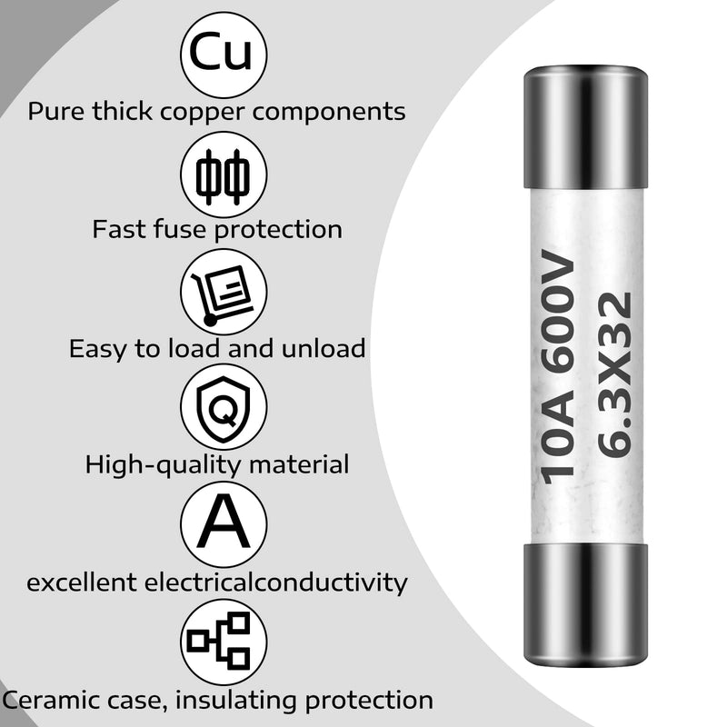 [Australia - AusPower] - Kingdder 10 Pieces FF10A 600v Multimeter Fuses Dc DMM Fuses Fast Blow Action 10A Multimeter Fuses Brass Made Ceramic Fuses for DC DMMs, 6.3 x 32 mm 