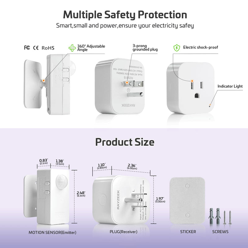 RAYZEEK Wireless Motion Sensor Plug Kits,No-Wire Mini PIR Sensor Switch Control Plug to Auto Turn On/Off Electrical Devices,10A/1100W for Christmas Lights,Fans,Household Appliances Motion Sensor+plug