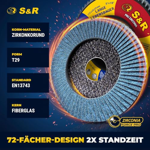 S&R Flap Disc Set, 125 x 22.23 mm, Pro Zirconia, T29, Lamellar Grinder, Grinding Disc Set for Steel, Stainless Steel Grit P80