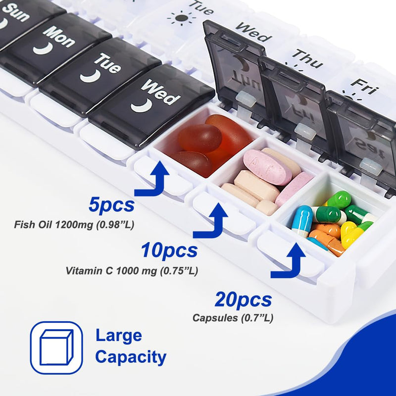[Australia - AusPower] - HRX Package Pill Organizer 2 Times a Day, Easy Fill & Open Weekly Medicine Box Vitamin Cases for 7 Day AM PM Black and White 