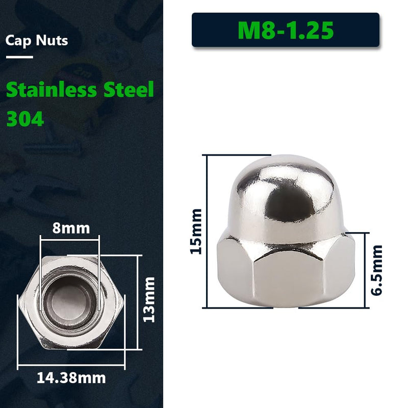 [Australia - AusPower] - Metric M8 Stainless Steel Acorn Cap Nuts, 304 SS (18/8), Bright Finish, Corrosion Resistant Dome Head Cap Nut for DIY & Construction, 20-Pack 
