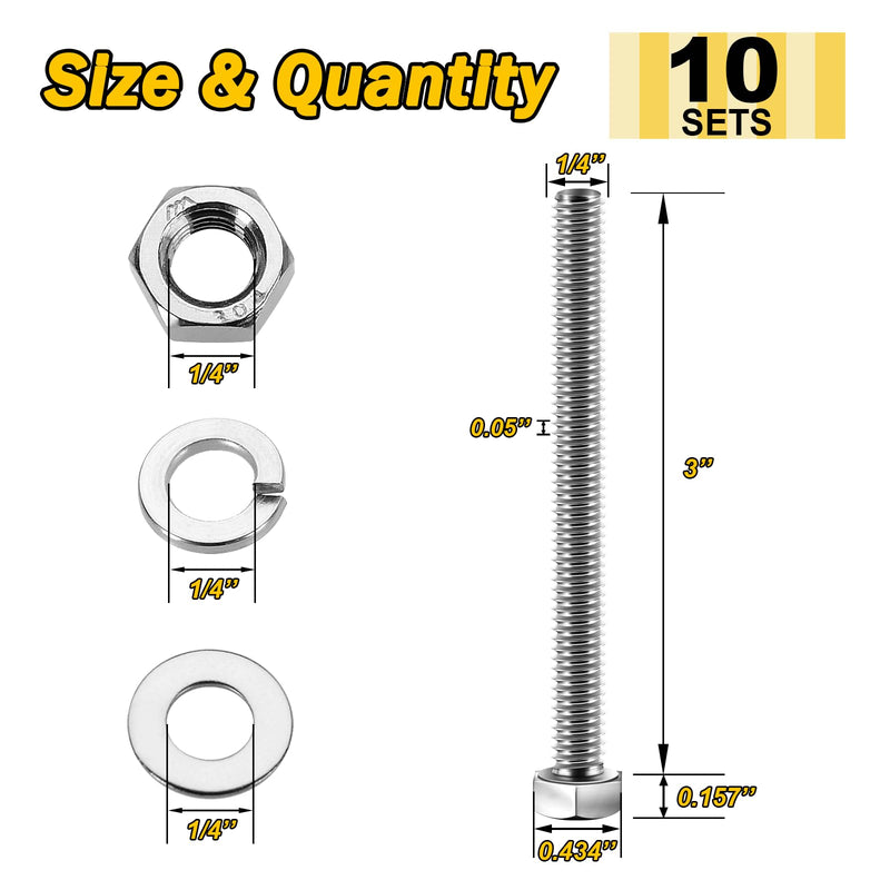 [Australia - AusPower] - (10 Sets) 1/4-20x3" Hex Head Stainless Steel Bolts and Nuts with Flat & Lock Washers, 304 Stainless Steel 18-8, Fully Threaded, 1/4 Bolt (10Sets) 1/4-20x3" 