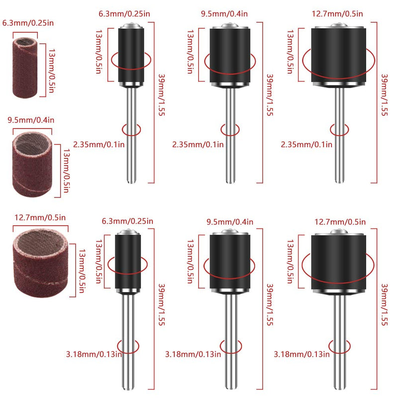 [Australia - AusPower] - KALIM 132Pcs Sanding Drum Set, 120 Grit Sanding Sleeves with Drum Mandrels, 40Pcs Each Size Drum Sander for Dremel Rotary Tool - 1/4'', 3/8'', 1/2'' 