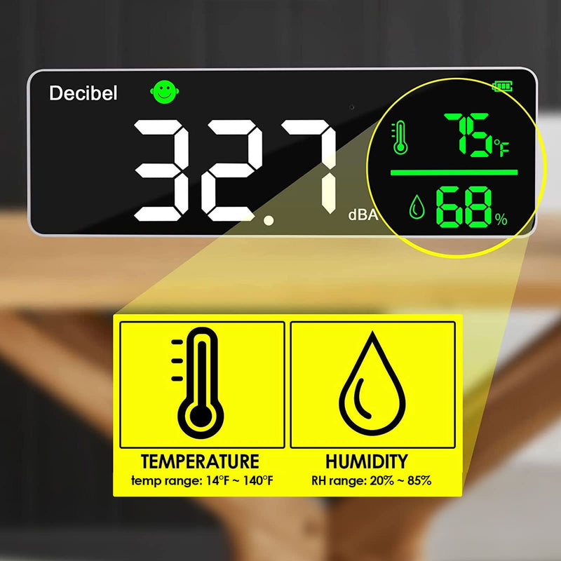 [Australia - AusPower] - Decibel Meter Wall Hanging Sound Level Meter 11 inch Large LED Display Noise Temperature Humidity Meter with Alarm Icons Indicator Wide Applications for Classroom, Studio, Home, Factory 