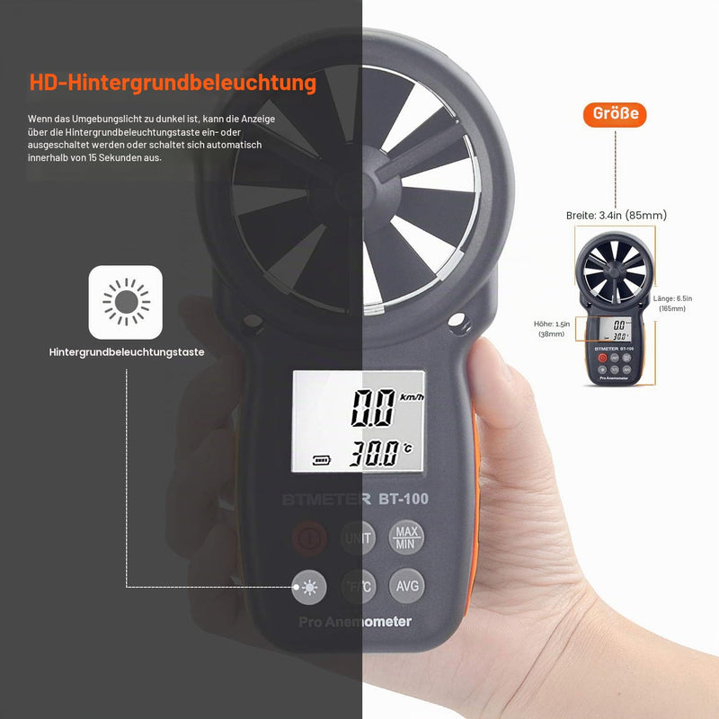 BTMETER BT-100 Wind Gauge, Digital Anemometer with Temperature (℃/℉), 5 Units for HVAC Ventilation, Drone Flight Shooting, Surfing