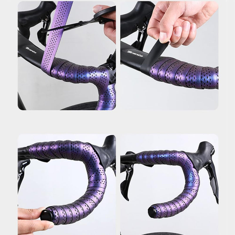 Gradient Purple Road Bike Bend Handle Strap Bicycle Handlebar Tape Breathable Anti Slip Waterproof EVA Shock Absorber Bike Tape Perforated Handle Strap for Riding Equipment