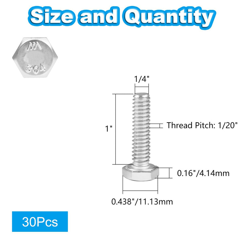 [Australia - AusPower] - Yinpecly 30Pcs 1/4-20 x 1 Hex Bolts,1/4"-20 Hex Head Cap Screws Hexagon Bolts, 304 Stainless Steel, External Hex Drive, UNC Coarse Thread Fully Threaded 1/4-20 x 1" 
