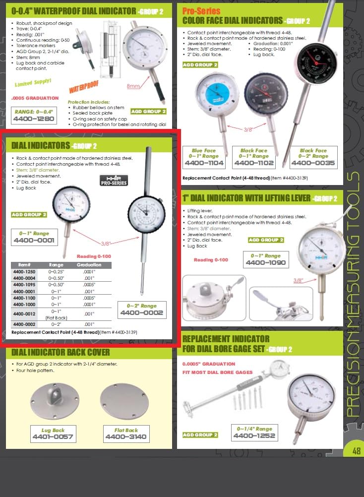 [Australia - AusPower] - HHIP 4400-0004 Pro Series AGD Group 2" Dial Indicator, .001" Graduation, 0-100 Reading, 0-0.50" Range 0-0.50" Range, .001" Graduation 