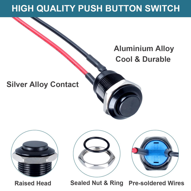 [Australia - AusPower] - 5pcs 12mm Latching Push Button Switch Raised Head ON-OFF Normally Open with Pre-soldered Cable Aluminium Alloy Shell 12V 24V 36V 110V Waterproof IP66 without LED (Black) Black 