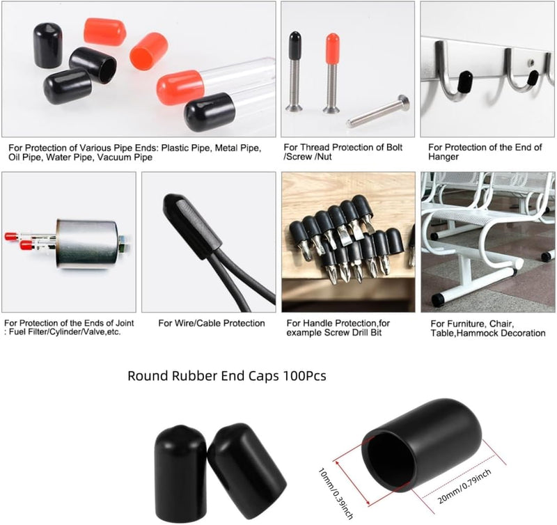 [Australia - AusPower] - Round Rubber End Caps 100 Pcs 3/8" (10mm) ID Vinyl Flexible Screw Thread Protectors Black Bolt End Caps for Metal Tubing Rod Bolt 