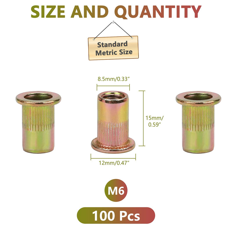 [Australia - AusPower] - 100pcs M6 Rivet Nuts, M6 Flat Head Rivnut Threaded Insert Nuts with Knurled Body, Metric Zinc Plated Carbon Steel Insert Nutsert for Automotive, Furniture, Decoration Brand: PRECIHW 