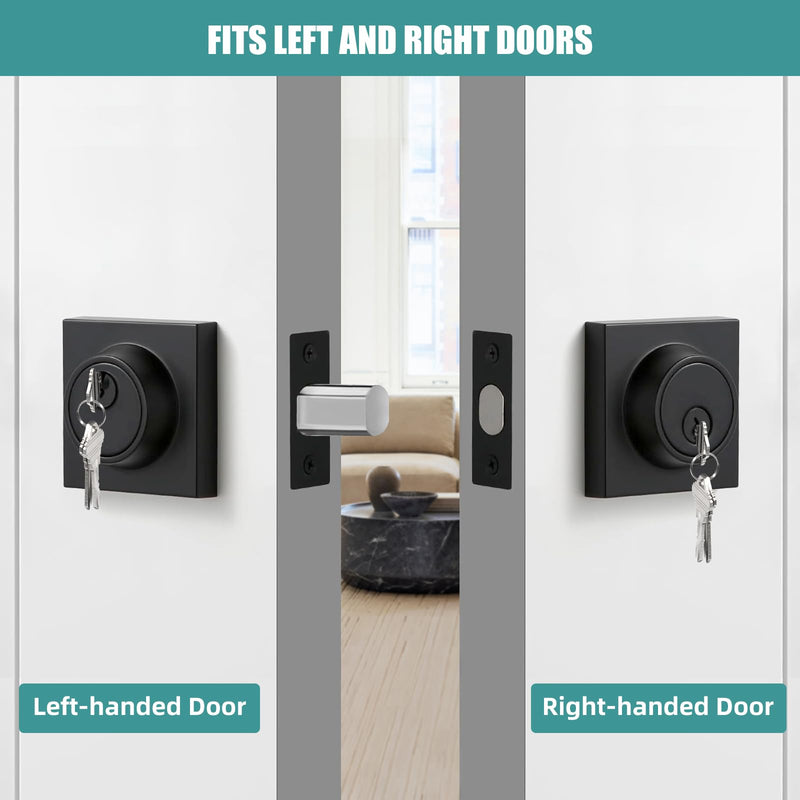 Square Single Cylinder Modern Deadbolt Lock with Keys, Matte Black Deadbolt for Front Door Entrance, Front Door Security Lock, Keyed 1 Side 1 Pack