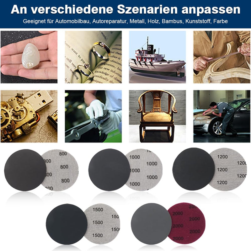Sanding Disc Pads, 50 Pieces, Hook and Loop Sandpaper, 75mm | 800/1000/1200/1500/2000 Grits, Wet/Dry Sanding Discs for Automotive, Metal, and Wood