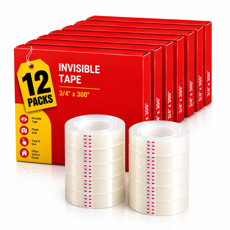 1InTheOffice Clear Tape, Invisible Tape Rolls, Packing, Wrapping Heavy Duty 3/4-Inch, 1-Inch Core, 12 Pack