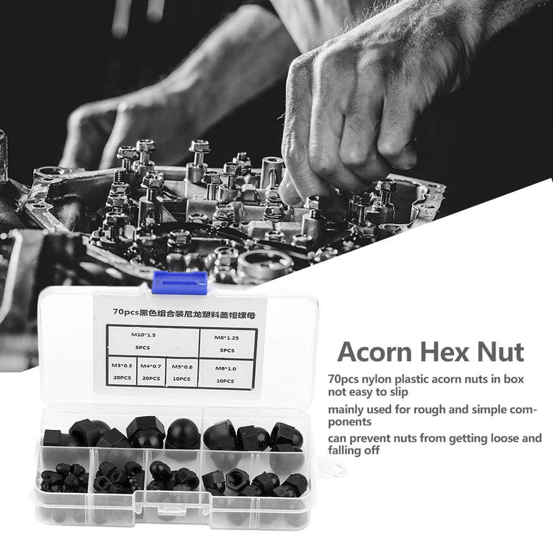 [Australia - AusPower] - 70Pcs M3/M4/M5/M6/M8/M10, Black Acorn Nuts Standard 8-32 Hardware Nuts Nylon Acorn Nut Kit Dome Head Cap Hex Nuts (Black) 