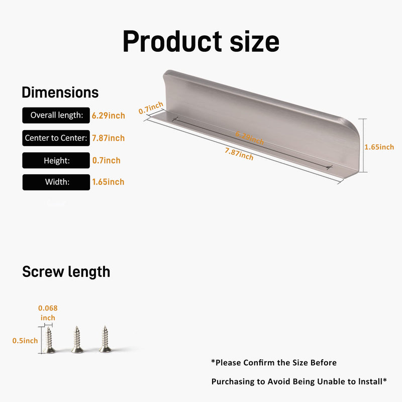 Satanga Edge Finger Pulls for cabinets Kitchen Invisible Hardware Drawer Pull Low Profile Dresser Bathroom Cupboard Furniture Handles Pack of 5 Modern Brushed Nickel 7.87 inch Easy Installation 6.3" Hole Center 7.87" Overall Length