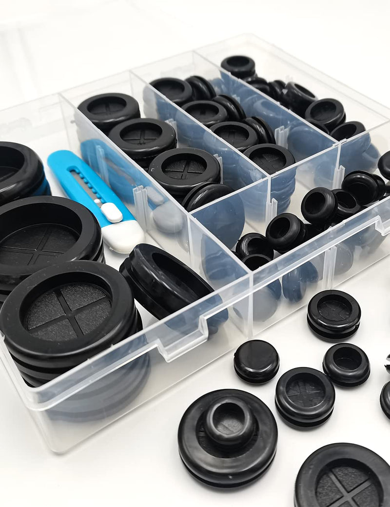 [Australia - AusPower] - EASYEAH 80 Pcs Rubber Grommets Assortment Kit for Wiring 1-3/4 1-1/2 1 7/8 5/8 1/2 Inch Round Hole with 1 PC Knife, Firewall Automotive Rubber Hole Plugs for Electrical Wire Cables Plumbing Protection Black-80Pcs Round 