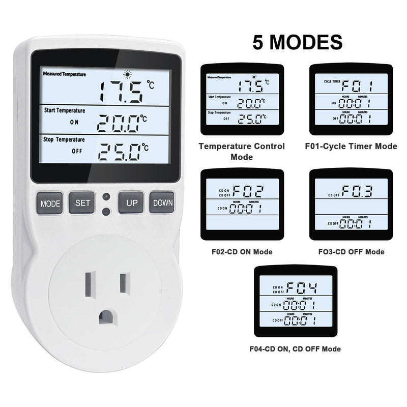 [Australia - AusPower] - Digital Temperature Controller Thermostat Outlet Plug 120V with LCD Backlight, Heating Cooling Temperature Controlled Outlet 110V 15A with 3m Sensor KT3100BL 