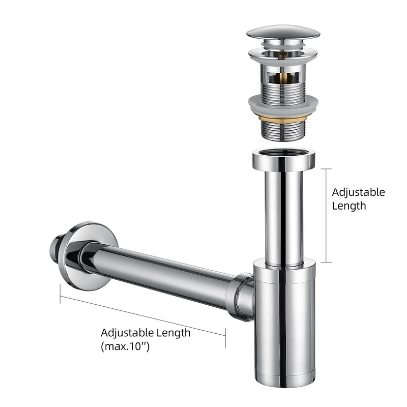 Bathroom Sink Stopper P-Trap Complete Set Adjustable 1-1/4 Sink Drain Kit Tube Solid Brass Bottle Trap w/Pop Up Drain Stopper Set, Overflow Version, Chrome Silver