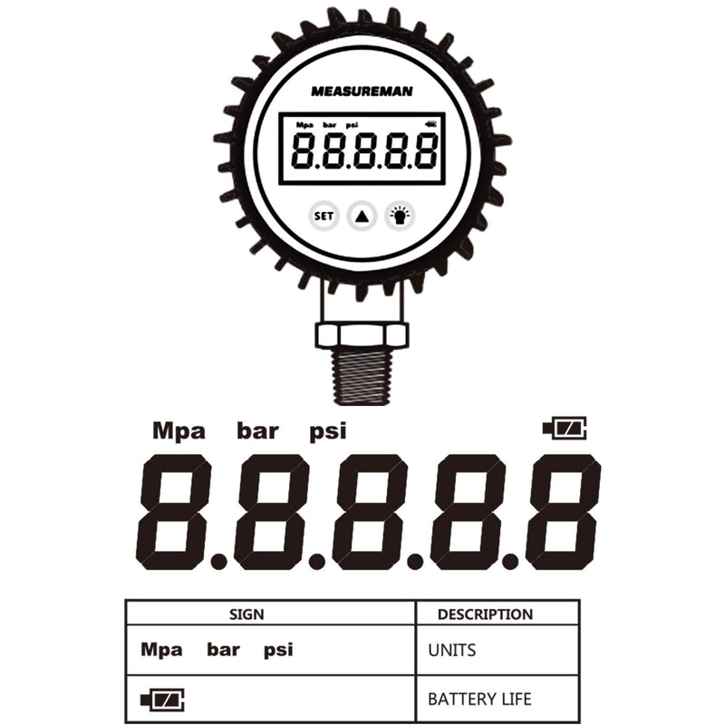 [Australia - AusPower] - MEASUREMAN 3-1/8" Dial Size, Digital Pressure Gauge, 0-3000psi/bar/Mpa, 1/4" NPT Lower Mount, 0.25% Accuracy 