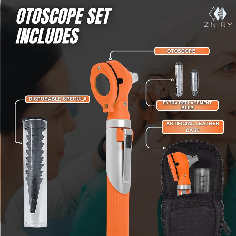 [Australia - AusPower] - Mini Otoscope - Ear Scope with Light, Ear Infection Detector Mini Otoscope - Portable Ear Light and Exam Kit for Home Use - 3X Magnifying Fiber Optic Scope (Orange) Orange 