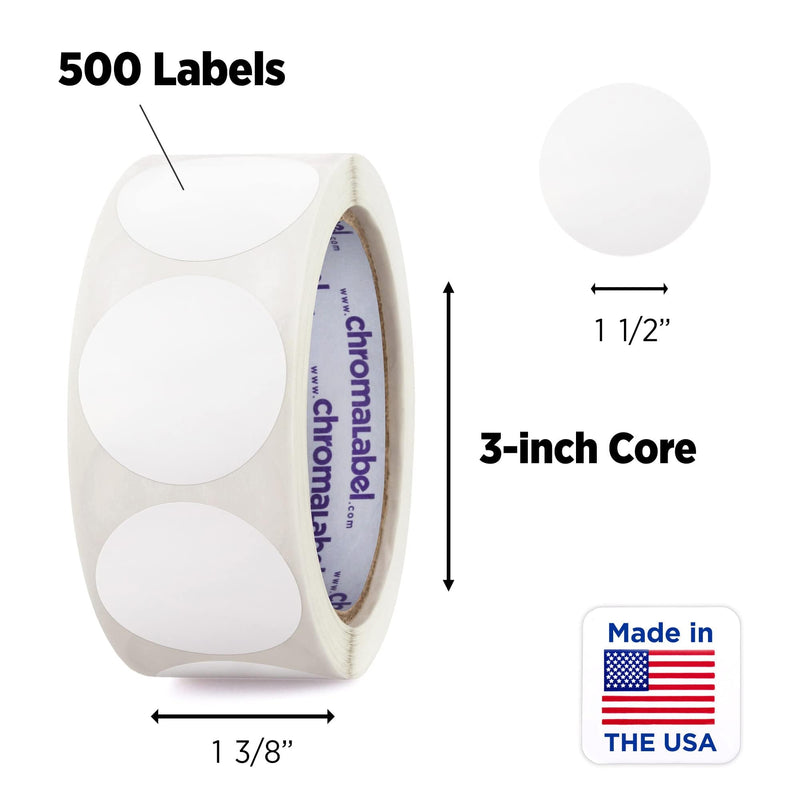 ChromaLabel 1.50 Inch Round Label Permanent Color Code Dot Stickers, 500 Labels per Roll, White