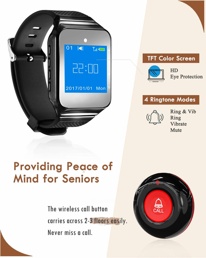 [Australia - AusPower] - CallToU Wireless Caregiver Pager Call Button 500+Feet Nurse Alert System for Elderly Monitoring Waterproof Call Bell for Home 1 Receiver Wrist Pager 2 SOS Call Buttons 2 call buttons + 1 watch receiver 