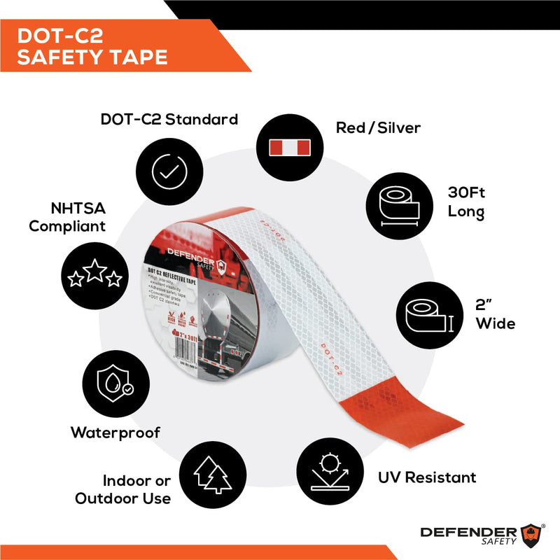 Defender Safety DOT C2 Reflective Adhesive Tape. Red, Silver, Red/Silver. Weather-Proof Commercial Grade for Trucks/Trailers, 2'' x 30' (DTC-RWH-33)