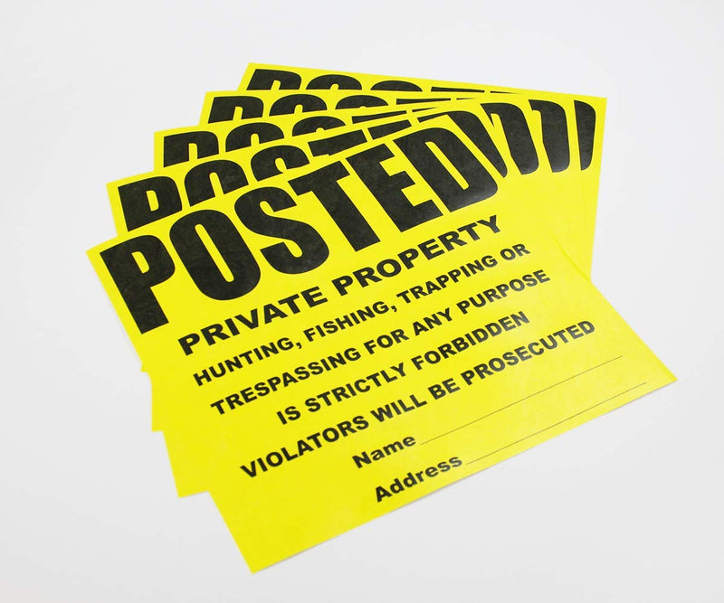 50 Per Pack Posted Yellow Private Property Sign by WristCo - 11" x 11" Outdoor, Weatherproof Tear- Resistant Tyvek high Visibility for Warning No Trespassing Hunting Fishing Trapping, Made in USA 50 Signs Sheets