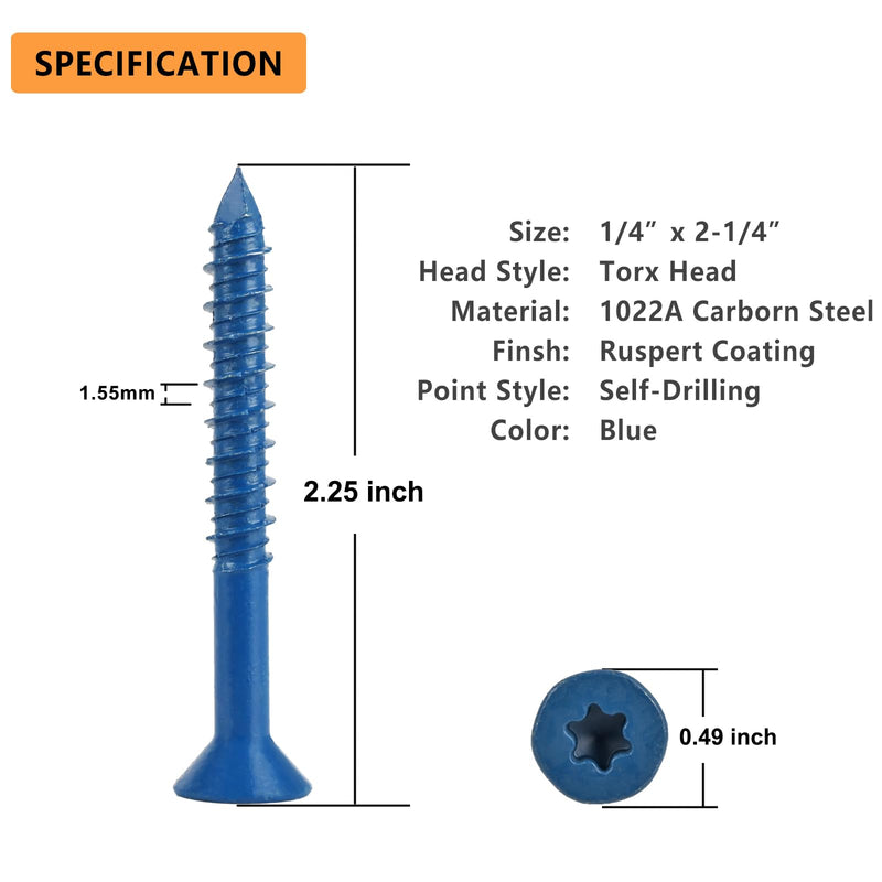 1/4"x2-1/4" Concrete Screws, Anchoring to Masonry, Brick, Block, Cement or Stucco, 30PCS 1/4''x2-1/4'' 30