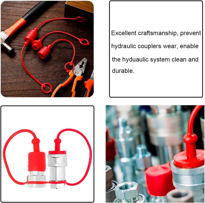 [Australia - AusPower] - 4Sets Hydraulic Quick Coupler Male Dust Cap and Female Plug Cover, Red Rubber Dust Caps/Plugs with Retention Ring Keeps Cap Attached to Hose (4Sets-Four Colours, ISO-A 3/8) 4Sets-Four Colours 