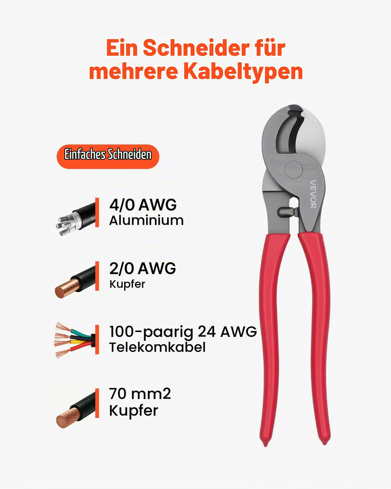 VEVOR High Performance Cable Cutter, 235mm Compact Size with Forged Blades and PVC Coated Handles, for 4/0 AWG Aluminium, 2/0 AWG Soft Copper and 100 Pair 24AWG Communication Cables TYP 4