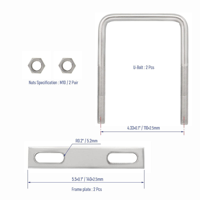 [Australia - AusPower] - 2 Sets 304 Stainless Steel Square U-Bolts 3.94"(100mm)Inner Width, 5.91"(150mm)Length Stainless with M10 Nuts, Frame Plate, Accessories for Automobiles Trailer, Boat Trailer Industrial Parts 100×150mm (W*L) 