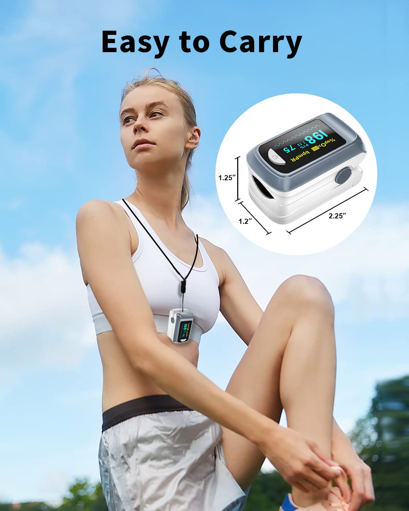 [Australia - AusPower] - Fingertip Pulse Oximeter Blood Oxygen Saturation Monitor Pulse Ox, Heart Rate and Fast Spo2 Reading Oxygen Meter with OLED Screen Included Lanyard and 2 X AAA Batteries Gray 