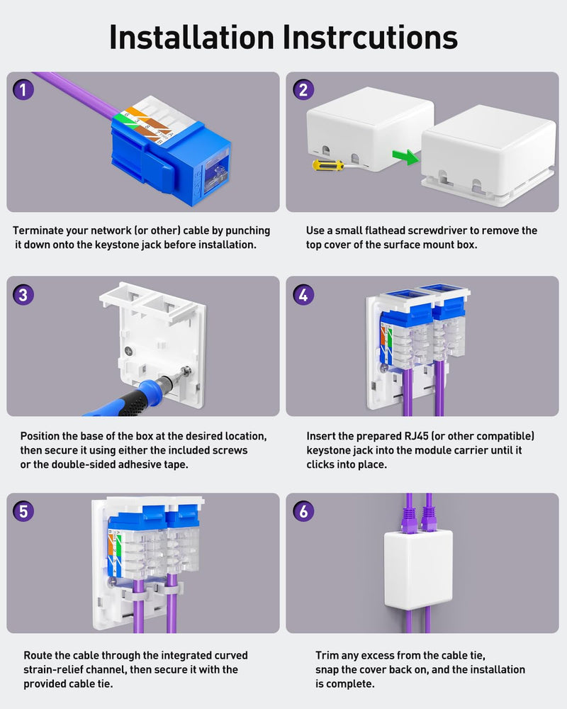 VCELINK Keystone Jack Surface Mount Box 2-Port for UTP Cat6/Cat5e/Cat5 RJ45 Keystone Jacks, 5-Pack, White 2-Port Box 5 Pack
