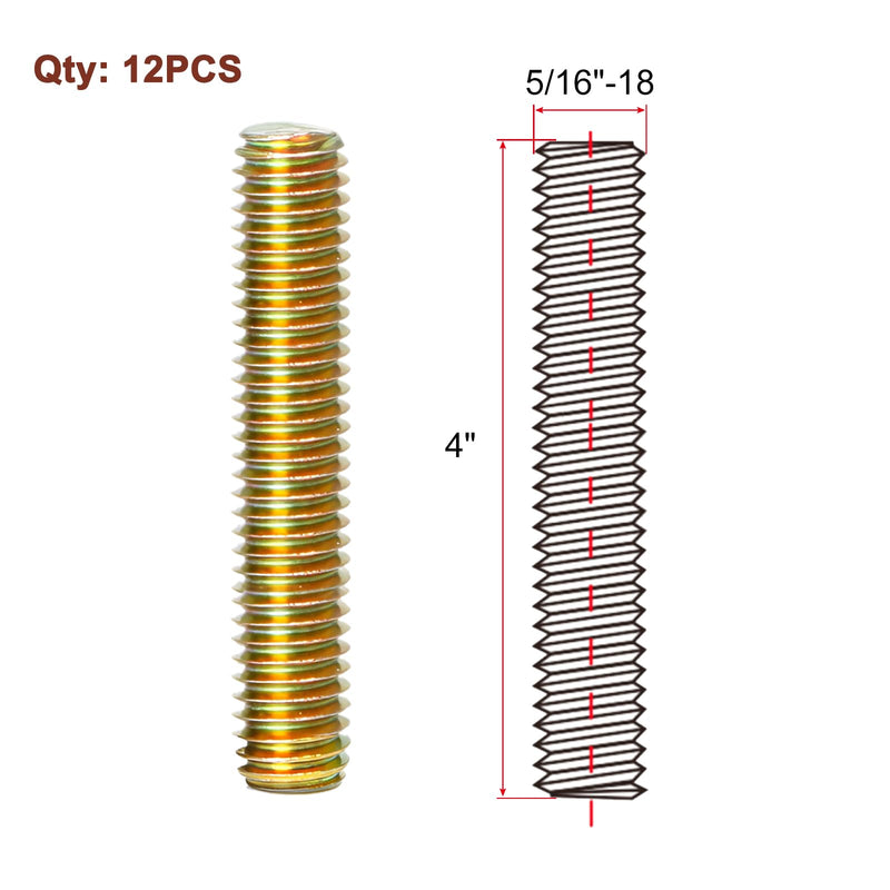 [Australia - AusPower] - 5/16" x 4" Fully All Threaded Rod Studs, 12pcs Carbon Steel Color Zinc Finished Right Hand Thread Screws for Furniture Garden Railing Mounting Assembly, Fastening Steel Frame Connections 5/16" x 4" 