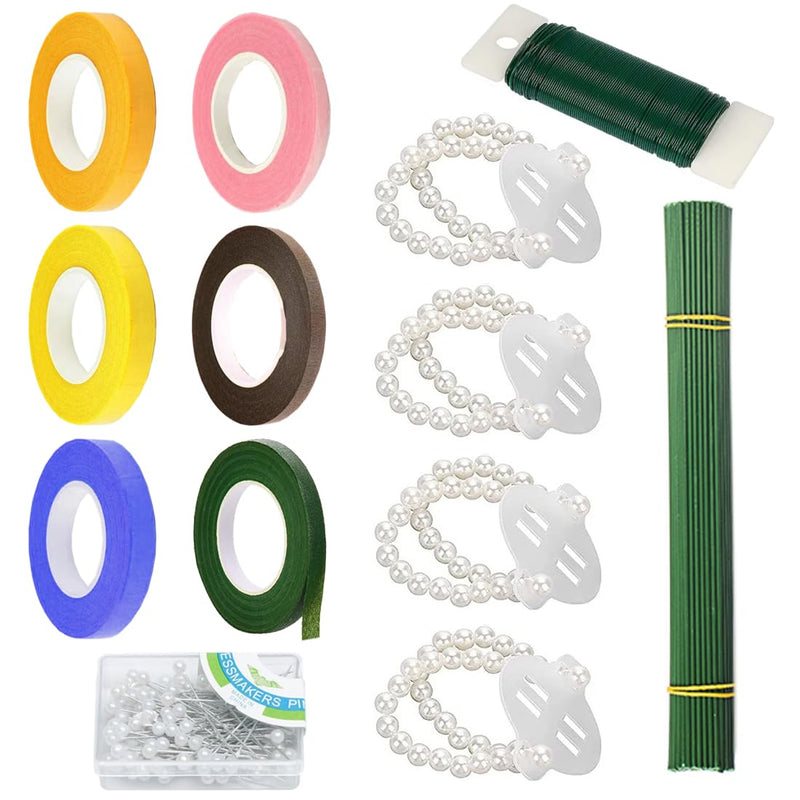 Juland 6 Rolls Floral Tape, 20 Yards Each in Blue/Dark Green/Lemon Yellow/Orange Yellow/Kakhi/Pink, with Stem Wires, Pearl Wristband, Pins & Thread for DIY Silk Flower Arranging