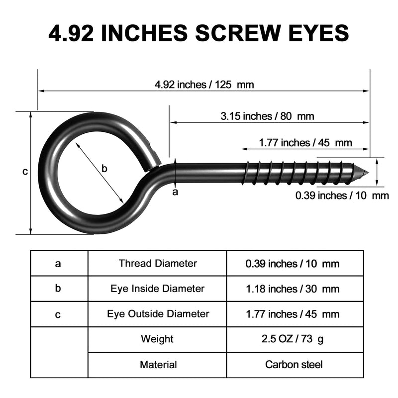 [Australia - AusPower] - 5 Inch Eye Hooks Screw in Heavy Duty, 500LBS Capacity, Large Stainless Steel Eye Hooks for Hanging, Rust-Proof Black Eye Bolts for Indoor & Outdoor Heavy-Duty Applications A-Black-2pcs 
