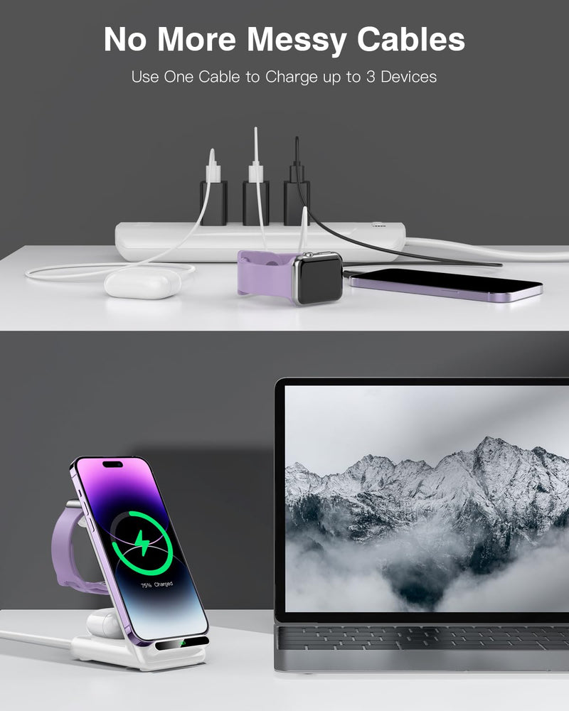 [Australia - AusPower] - Wireless Charging Station,3 in 1 Wireless Charging Stand Made for Apple Watch Ultra 9 8 7 6 SE 5 4 3,Fast Wireless Charger Made for iPhone 15/Plus/Pro Max/14/13/12/11/X,for AirPods Pro(with Adapter) White 