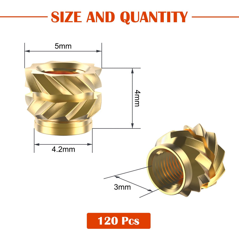 [Australia - AusPower] - 120Pcs M3 Threaded Inserts, Metric knurled Nuts Brass Heat Set Insert for Plastic Parts,Insert by Heat into 3D Printing Components(M3x4x5mm) M3xL4xD5 